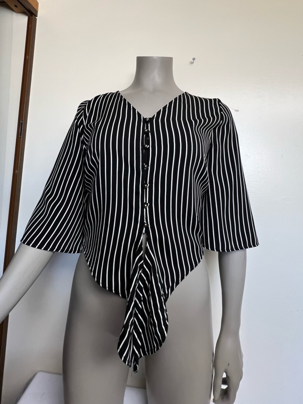 URBAN Romantics Black & White Vertical Stripe Tie-Front Blouse